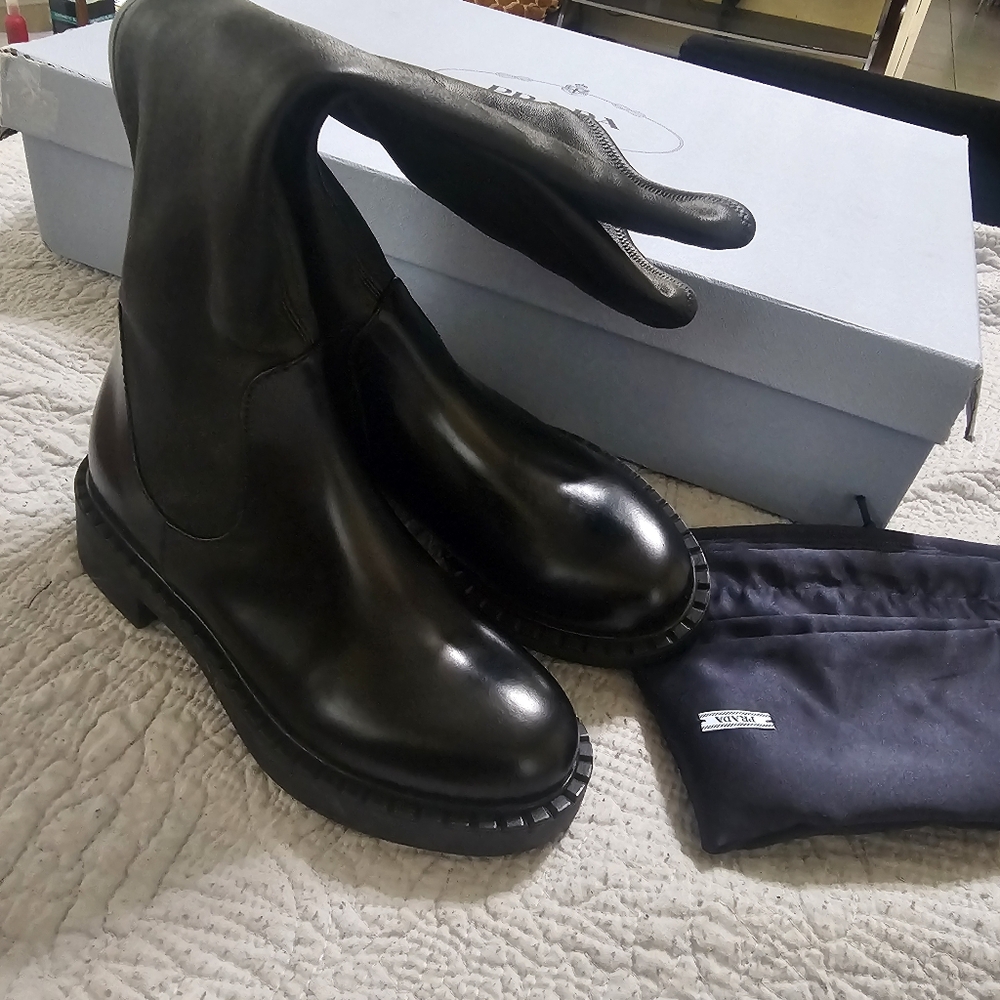 Prada Stretch Leather Tall Black Boots Size 37 - Picture 9 of 16